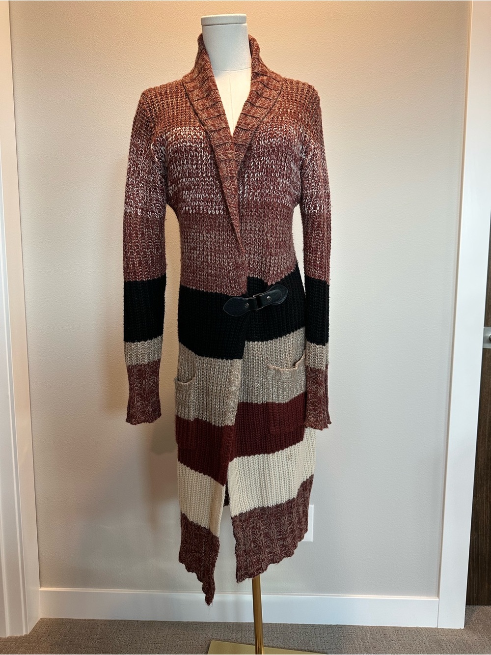 The Limited Rust Black Cream Striped Long Knit Cardigan with Buckle
